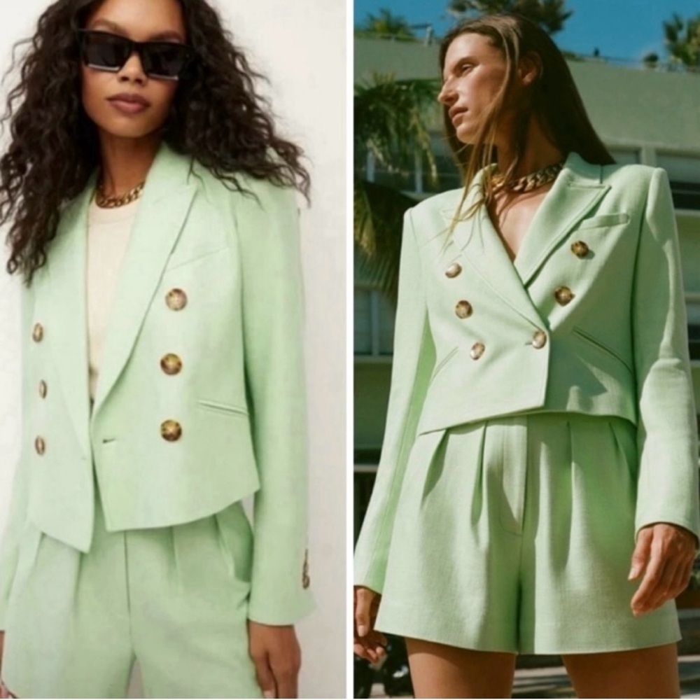Veronica Beard Nevis Double Breasted Cropped Jacket Blazer Green Size 6
